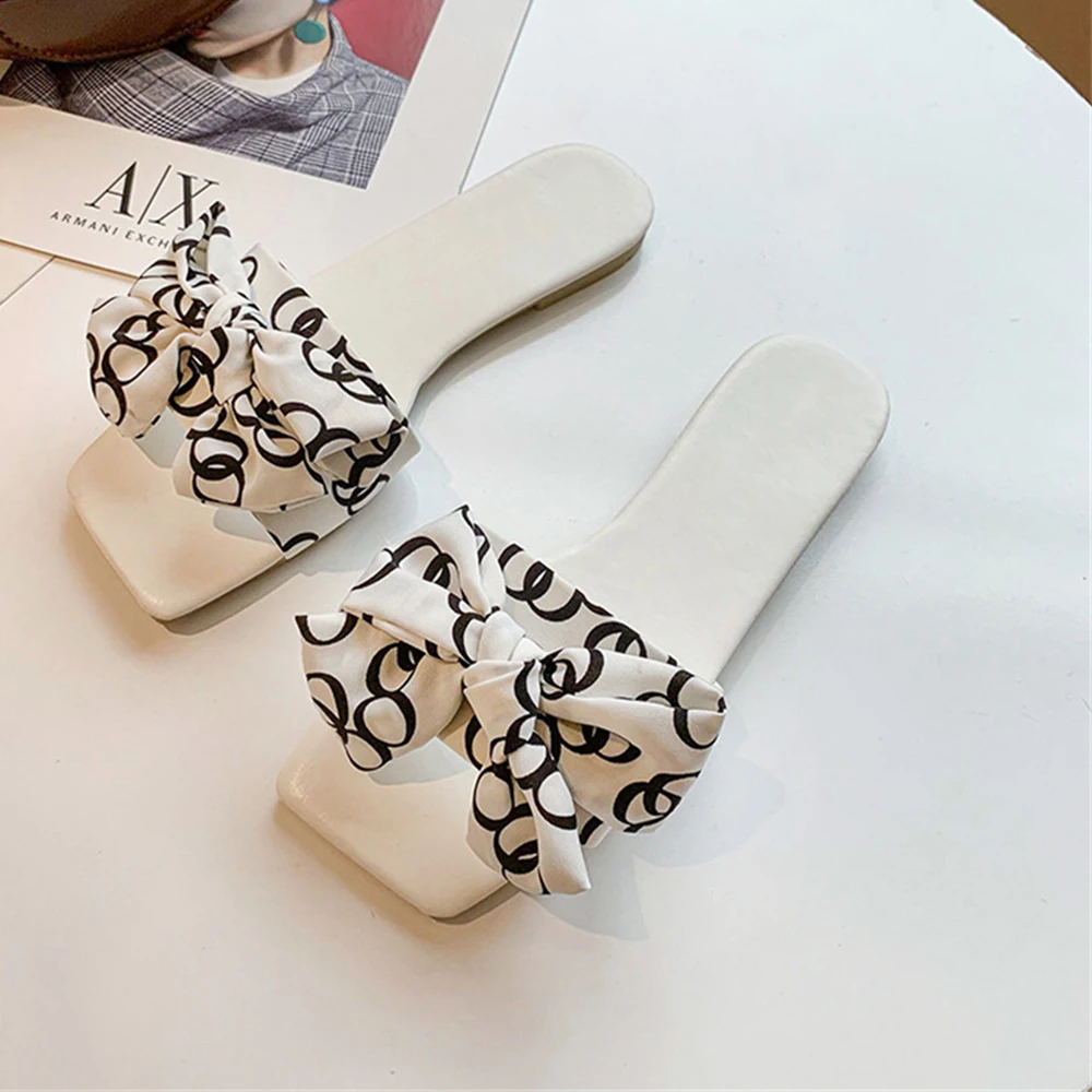 

Women's Flat Toe Bow Trim And Open Toe Design Slipper Sandals Soft Pu Leather Summer Women's Daily Travel Beach Vacation Sandals