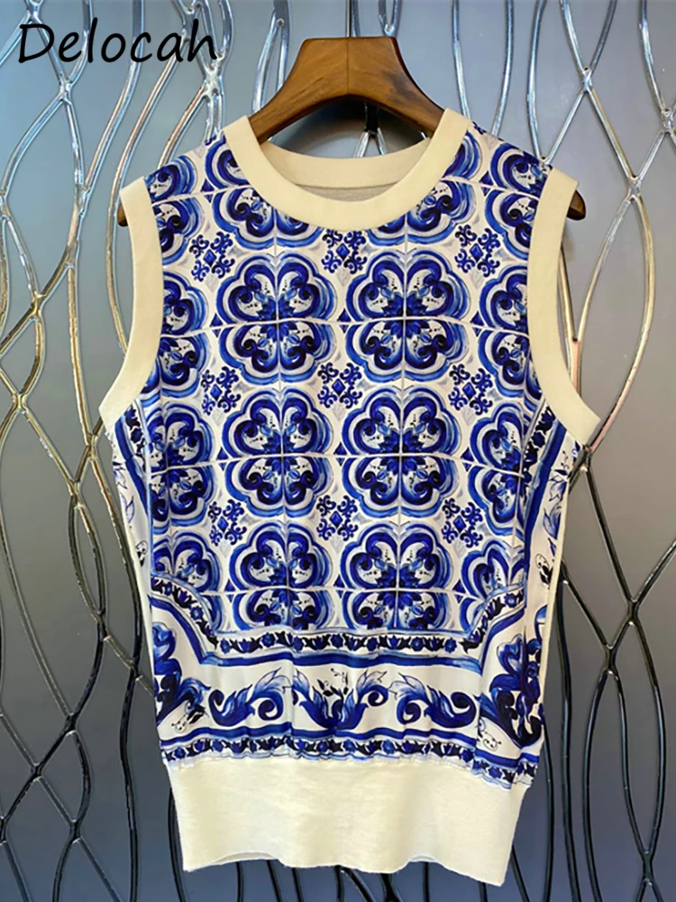 

Delocah High Quality Summer Women Fashion Designer Knitting Tops Sleeveless Blue And White Porcelain Print Pullovers Tank Tops