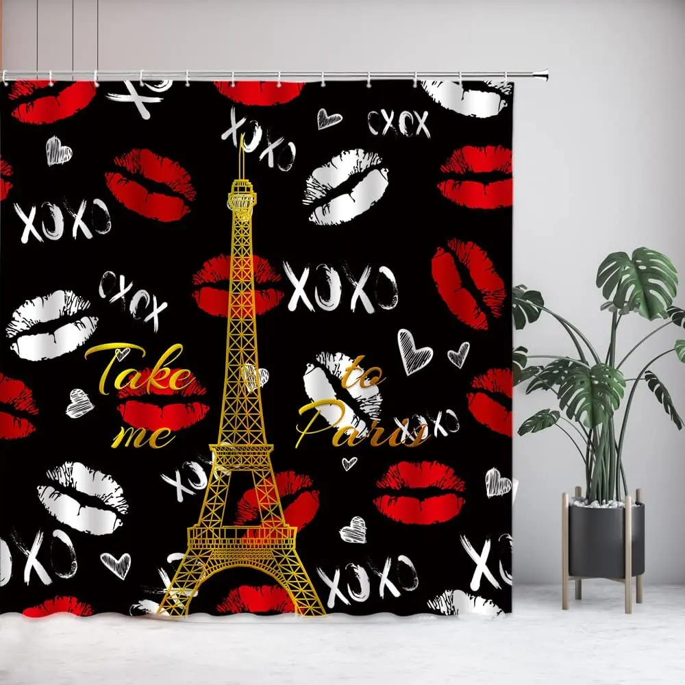 

Red Lips Shower Curtain Paris Eiffel Tower Sexy Lip Print Retro Gold Towers Romantic Theme Couple Bold Love Bathroom Decoration