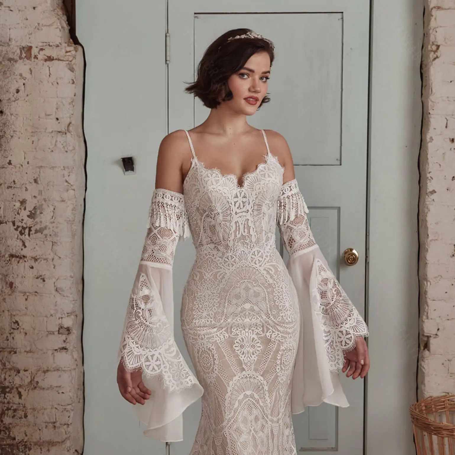 

Bohemian Wedding Dresses Generous V-Neck Dteachable Flare Sleeves Sexy Backless Mermaid Bridal Gown Lace Robe De Mariee LTDZ550