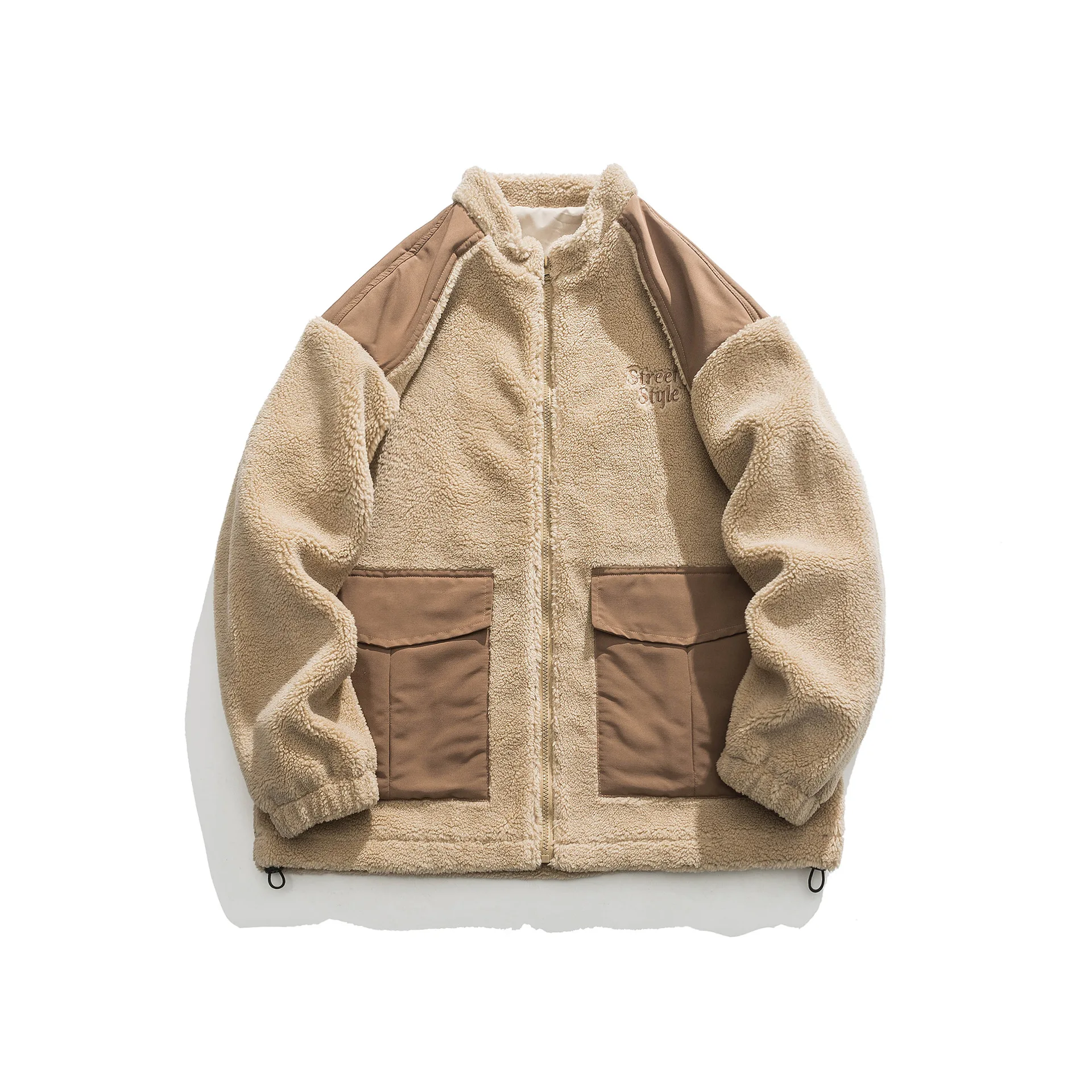 LUCLESAM Men's Stand Collar Lamb Wool Cotton Coats Stitching Contrast Color Pockets Autumn/Winter New Retro Casual Down Jacket