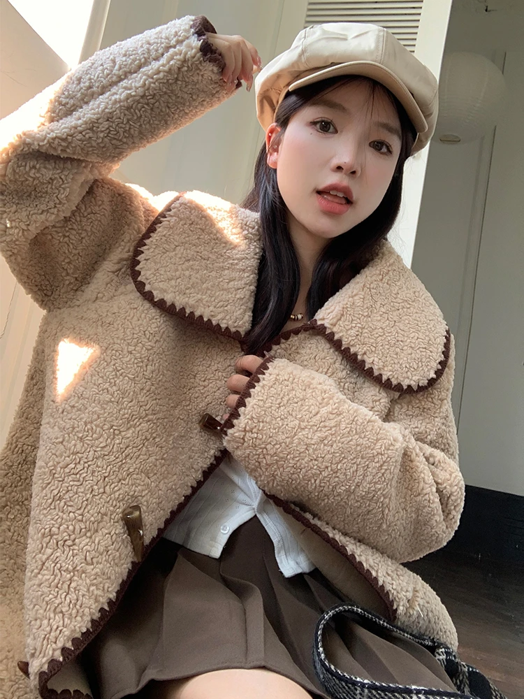 

Women's Autumn Winter Lamb Wool Coats Jacket 2022 Female Lapel Collar Horn Buttons Warm Overcoat Loose Single Breasted Outerwear