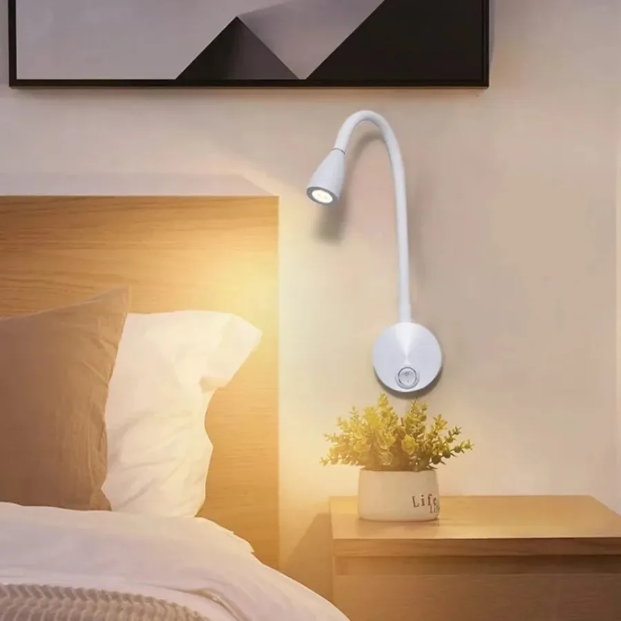 Фото Настенный светильник для чтения 3W LED с гибкой штангой, черный, белый, серебристый, золотой, для кабинета, прикроватный, ночник №2