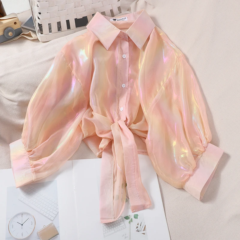 

Women Buttoned Up Shirt Shirts Female Half Sleeve Shinning Sparkles Tied Waist Sexy Blouses For Women 2023 Summer