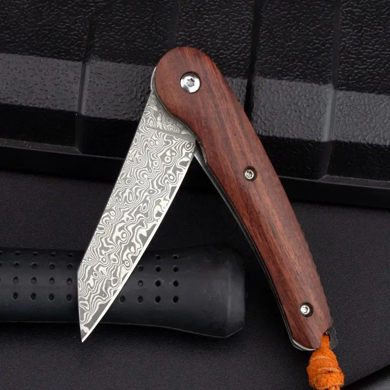 

Damascus Tanto Blade Flipper Knife Mini Folding Pocket Knives Rosewood Handle Outdoor Tactical Camping Knife Edc Survival Tool
