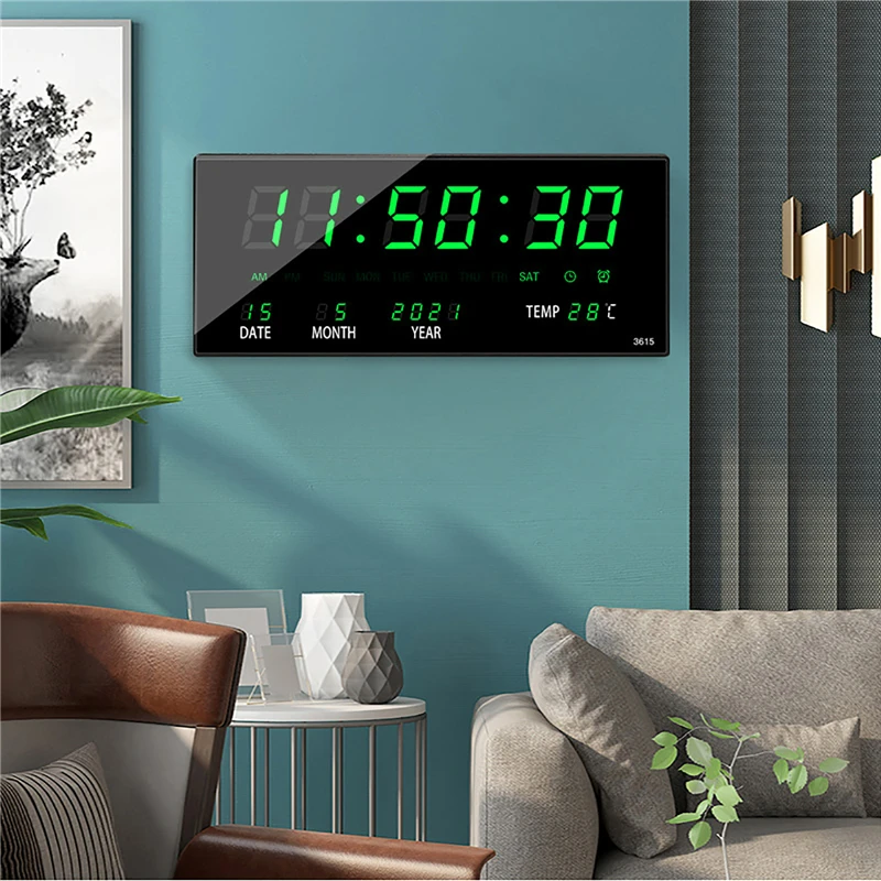 36*15*2.8CM Digital Wall Clock Alarm Hourly Chiming Temperature Calendar Table Clocks with EU Plug Electronic LED Clock