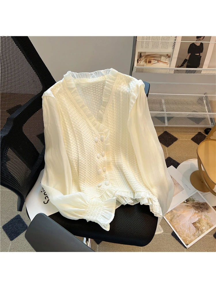 

Женская винтажная рубашка с длинным рукавом, белая блузка в Корейском стиле, в стиле Харадзюку, Y2k, 90-х, осень 2000