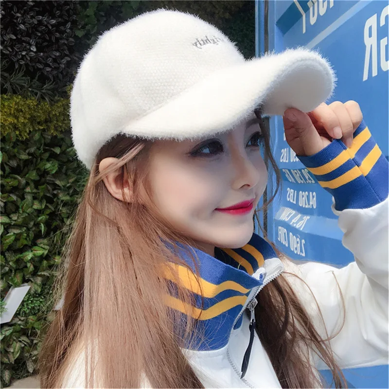 Korean Version Of Thickened Warm Rabbit Hair Blended Baseball Hat Autumn Winter Letters Fashion Trend Duck Tongue Cap