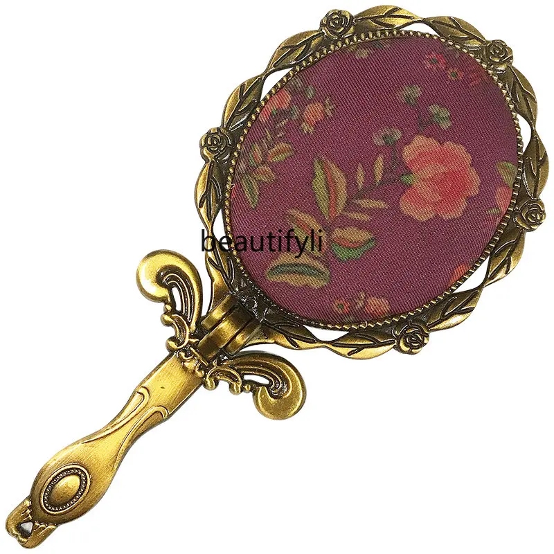 

yj Handheld Mirror with Handle Portable Desktop Stand Chinese Retro Folding Portable Mirror