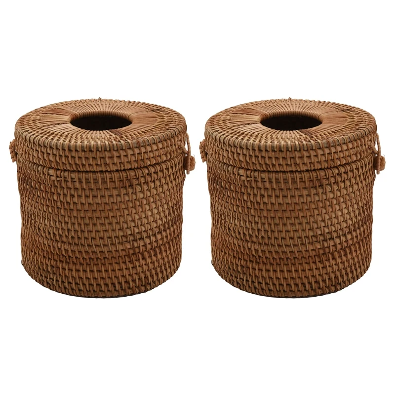 

2X Round Rattan Tissue Box Vine Roll Holder Toilet Paper Cover Dispenser For Barthroom,Home,Hotel And Office