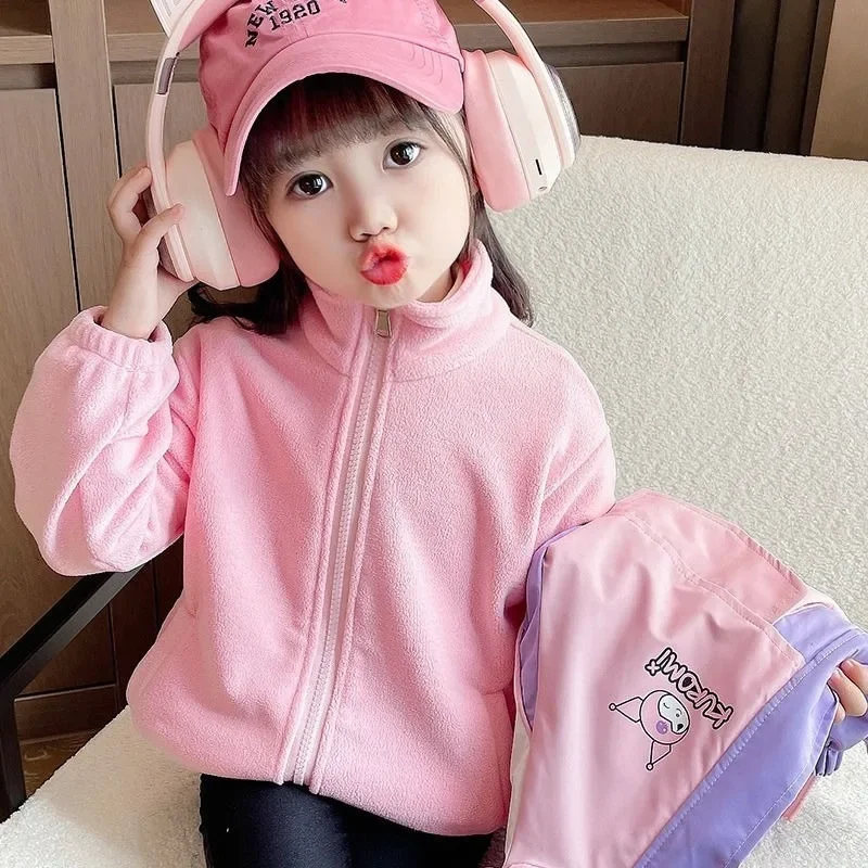 Пальто Kawaii Sanrio Kuromi для девочек осенне-зимняя бархатная ветрозащитная детская