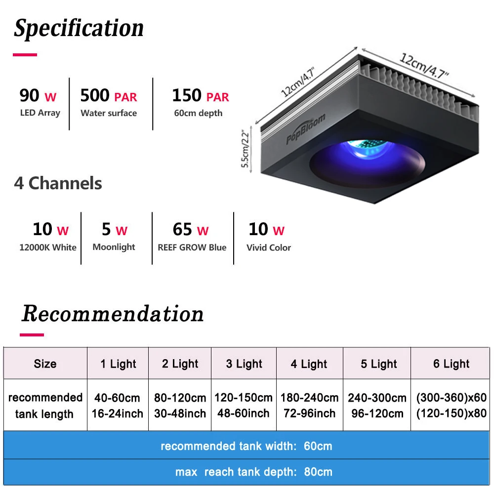 Фото Светодиодный светильник PopBloom RL90 Reef LED с креплением на кронштейн и управлением через приложение, умный светодиодный светильник для морского кораллового аквариума SPS LPS. №2