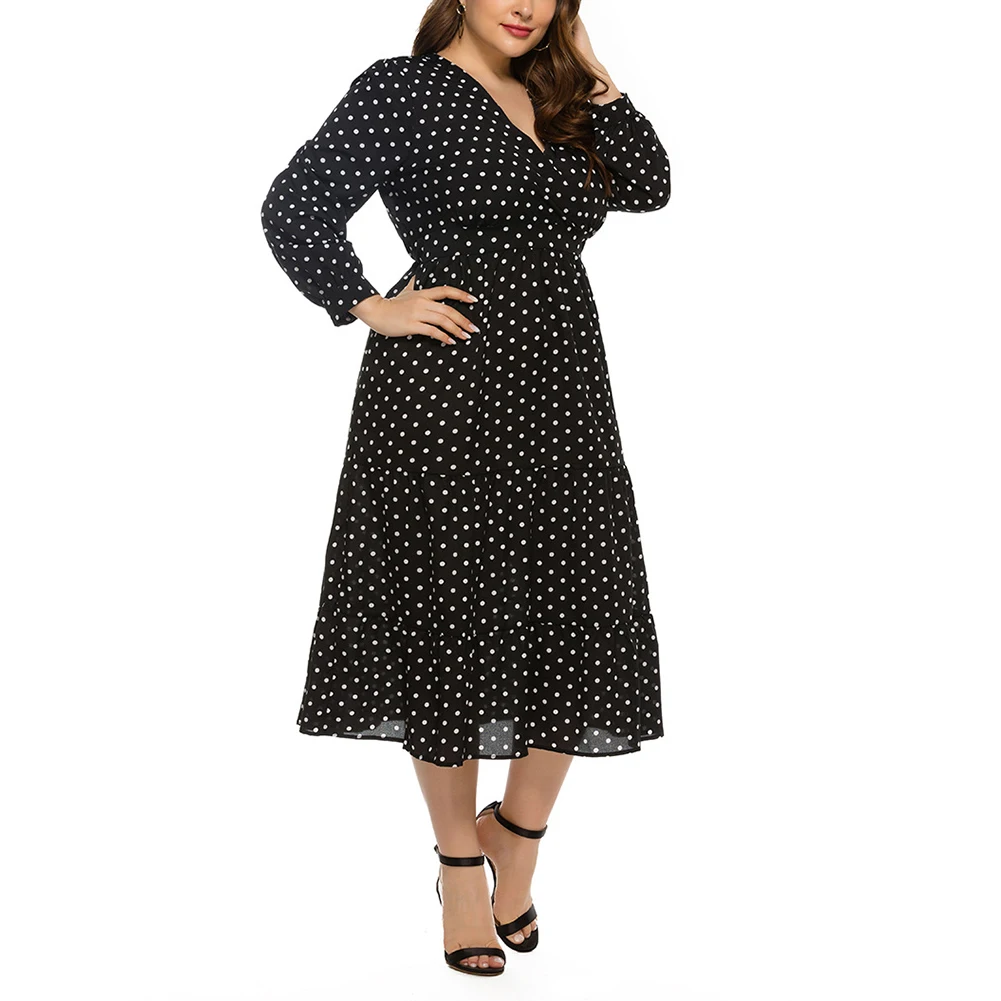 

New Style XL~5XL Women Plus Size Long Sleeve Polka Dot Dress V Neck Wavy Long Dress Party Loose Vintage Dress