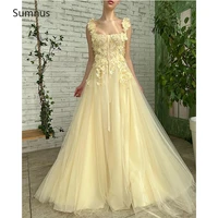 sumnus yellow stunning tulle prom dresses sweetheart long a line lace appliques spaghetti straps soir%c3%a9e party gowns custom made