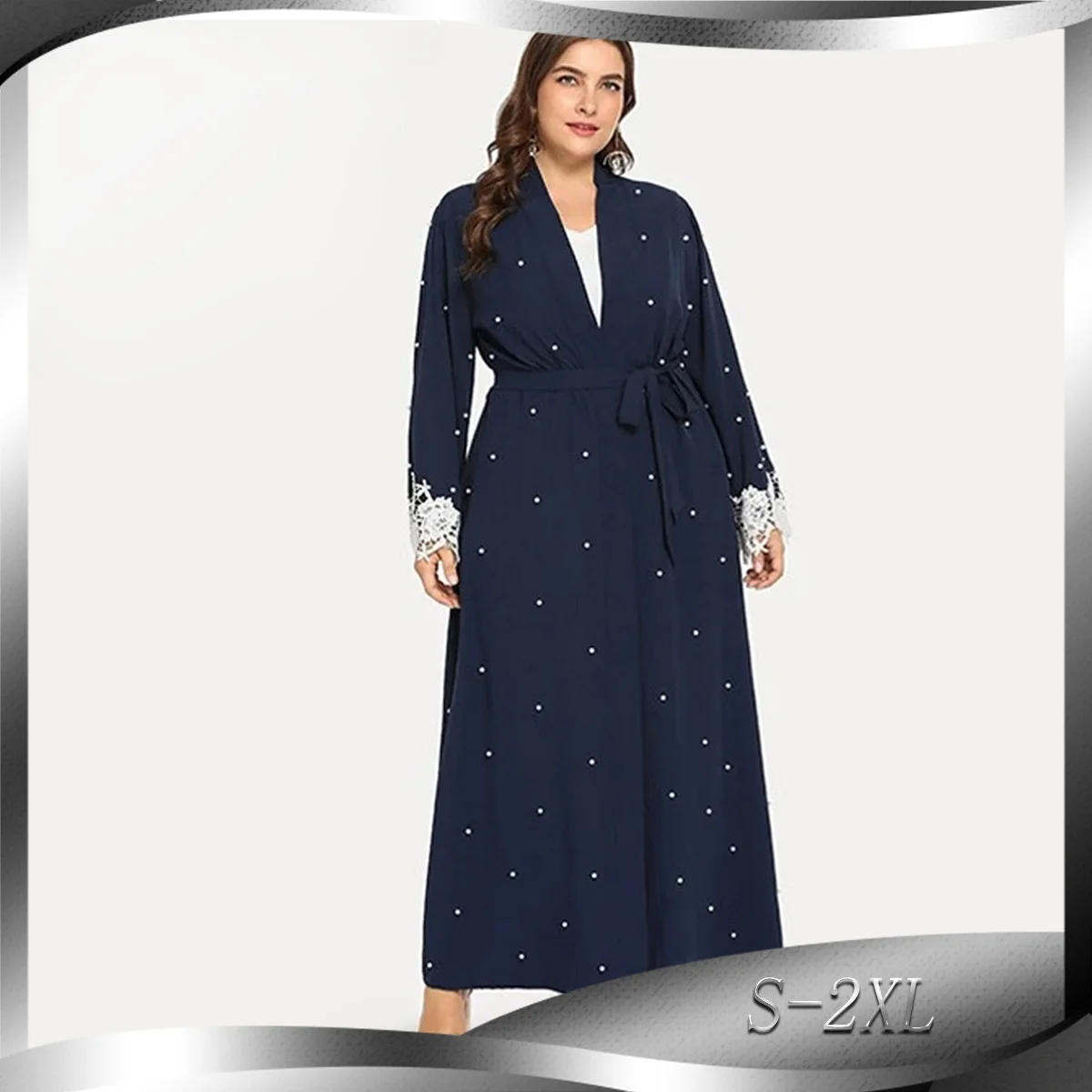 

Muslim Women Robe Nail Bead Lace Stitching Cardigan Dress Fashion V-neck Kaftan Abaya Dubai Islamic Dress Female Clothing