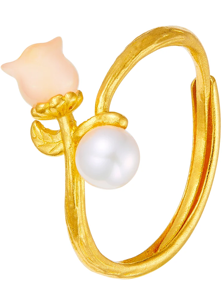 

New 999 24K Yellow Gold Ring Women Can adjustable Size Ring Pearl Flower Ring
