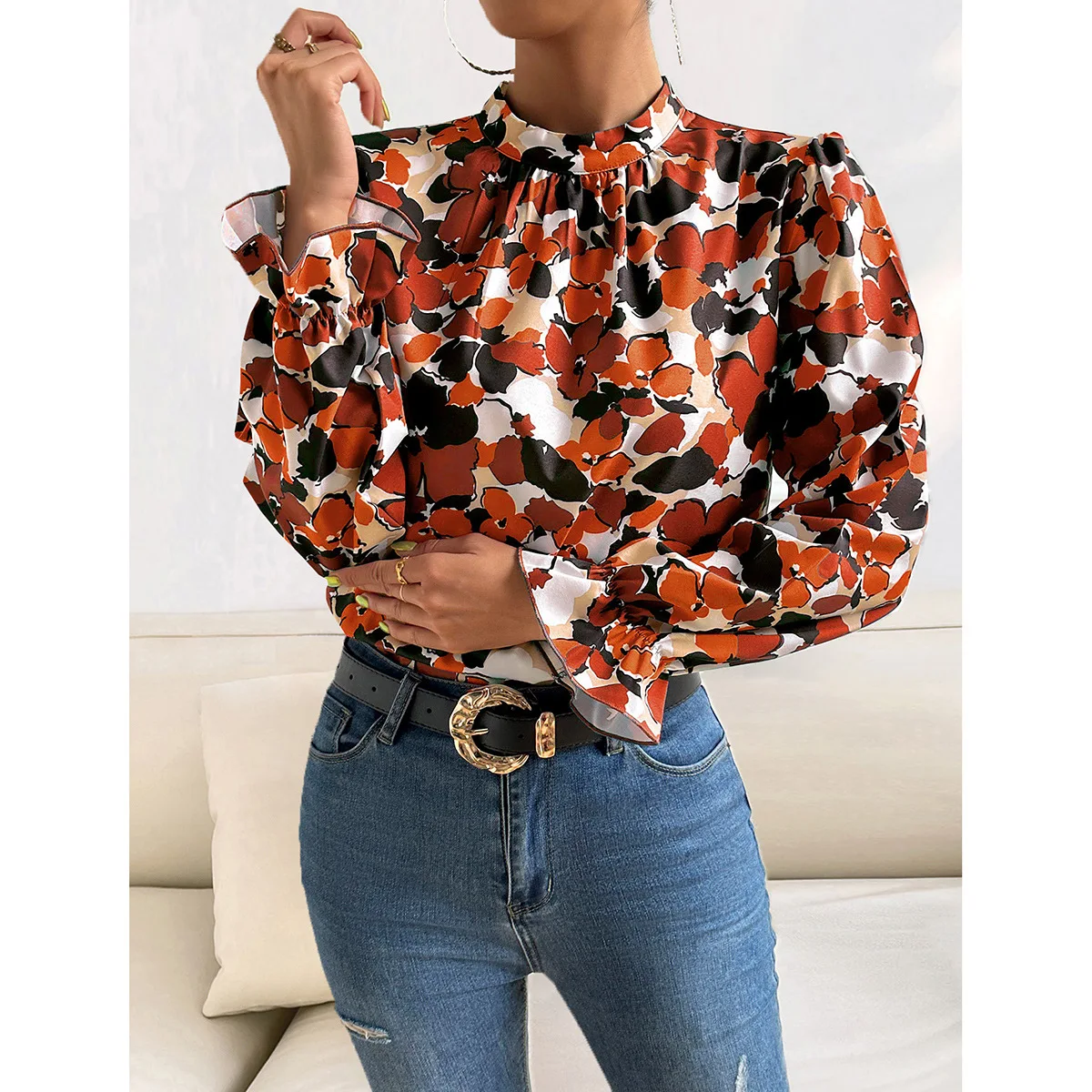 

Summer Women Bohemian Style Shirt Print Flower Long Sleeved Temperament Casual Short Tees Tops Women Clothing