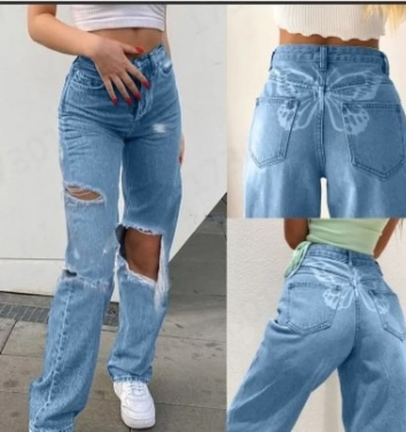 New Blue Cotton Jeans Women Butterfly Color Print Washed and Worn Trousers High Waist Wide Leg Pants