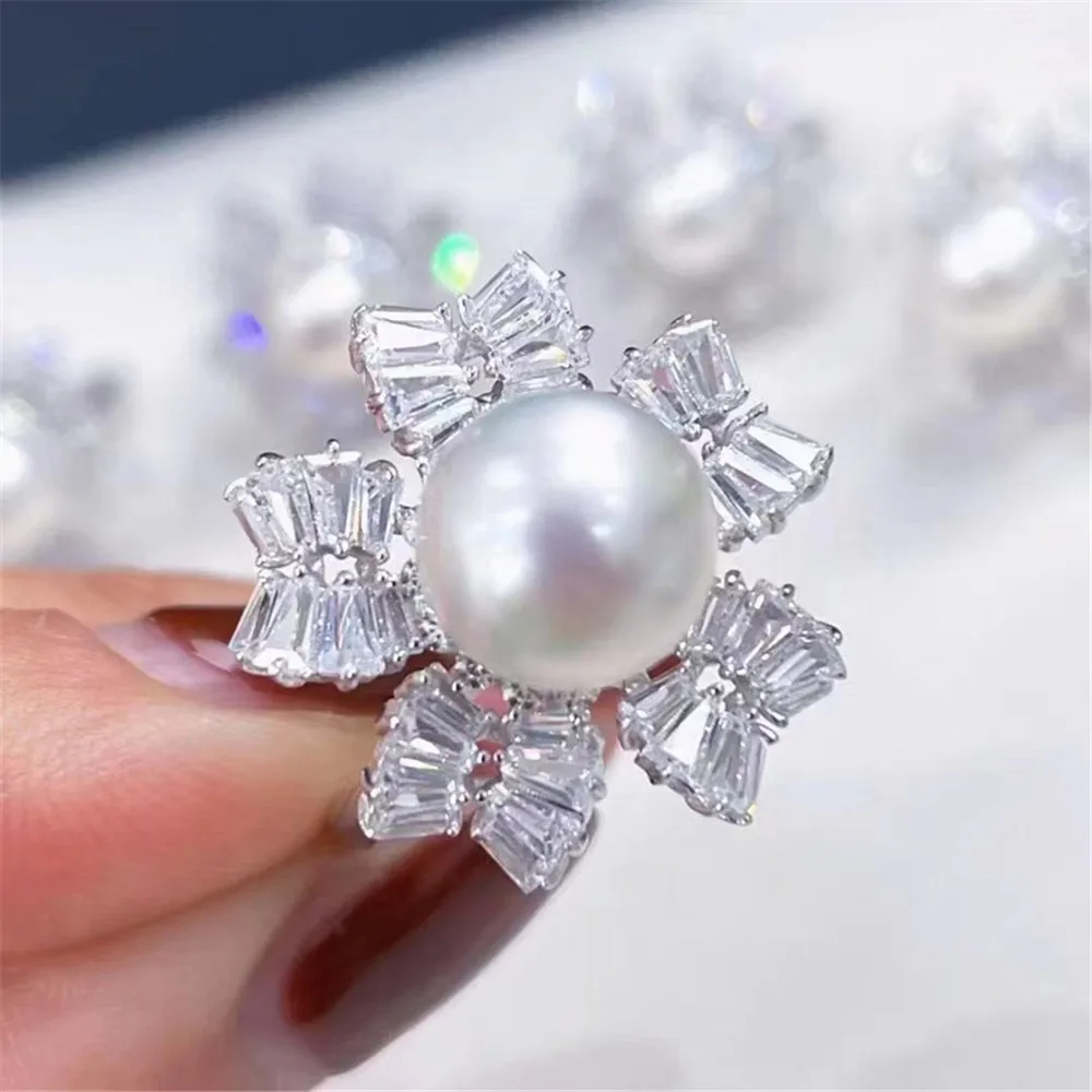 

DIY Pearl Accessories S925 Sterling Silver Jewelry Snowflake Pearl Ring Empty Holder Adjustment Fit 11-13mm Beads