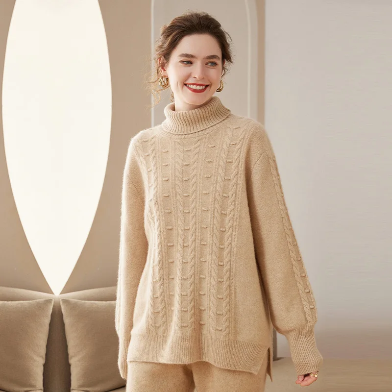 

Женский Теплый свитер-водолазка, Свободный вязаный джемпер из 2022 чистого кашемира, большие размеры, Осень-Зима 100%