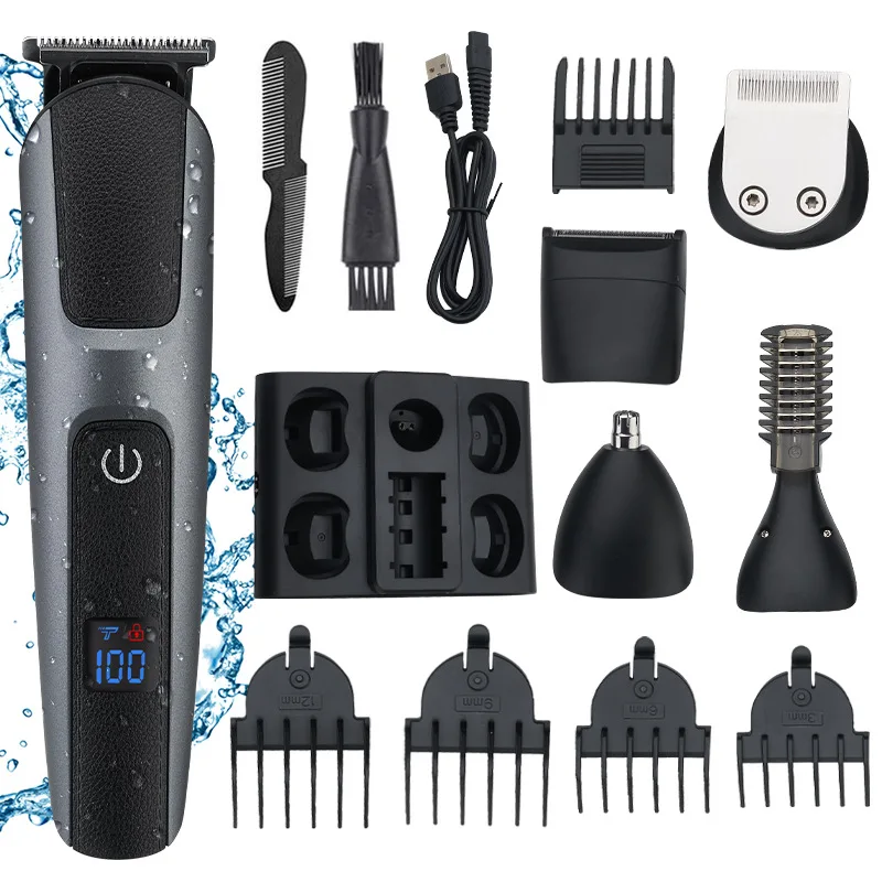 

6 in 1 Waterproof Electric Hair Clipper Set Whole Body Washable Home Haircut Shaver with LCD Display Base Rechargeable Clipper
