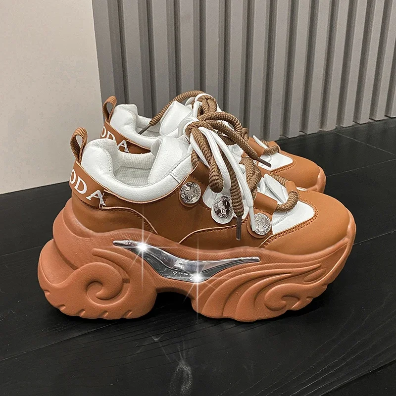 

Women Casual Leather Shoes Autumn Lace up 8CM High Platform Shoes Thick Sole Sports Walking Woman Shoes Sneakers Chaussure Femme