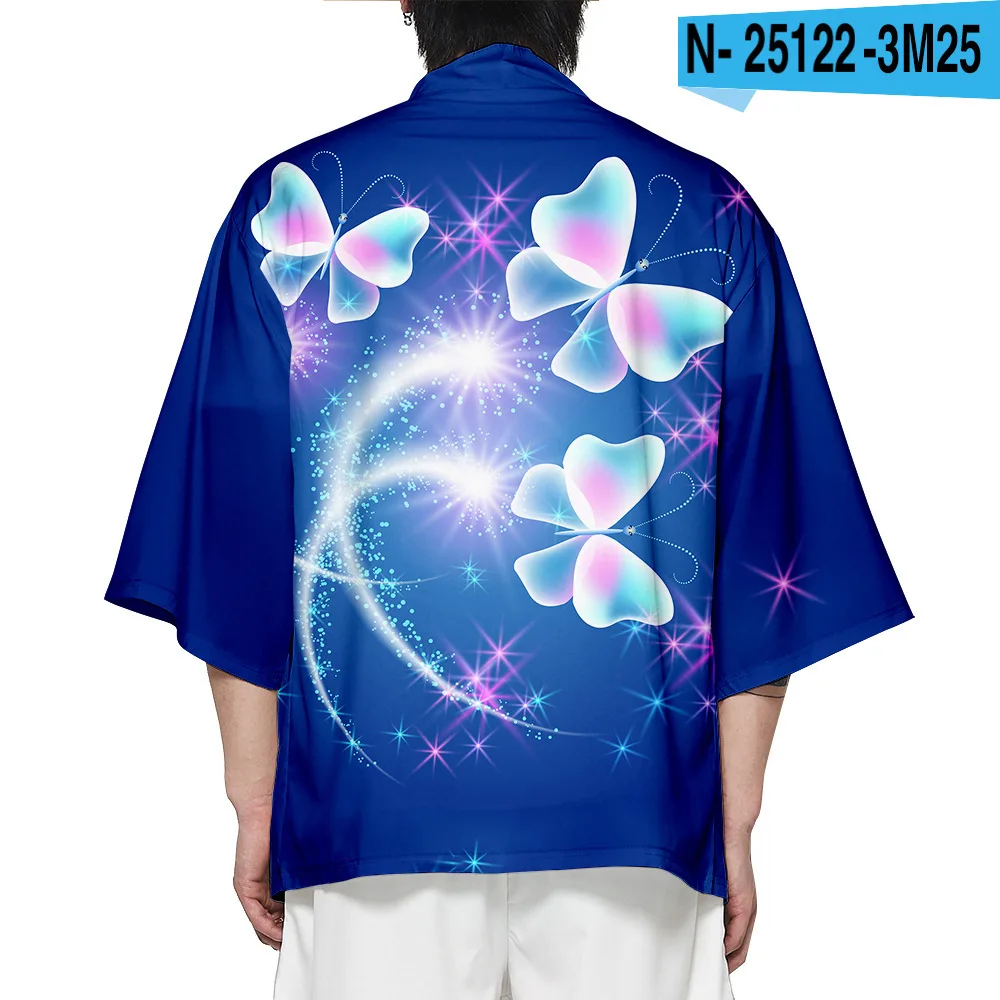 Summer Print Butterfly Men Kimono Sweet Casual Loose Shirts Cardigan Robe Large Size XXS-6XL 3/4 Sleeve Home Bathrobe Jacket