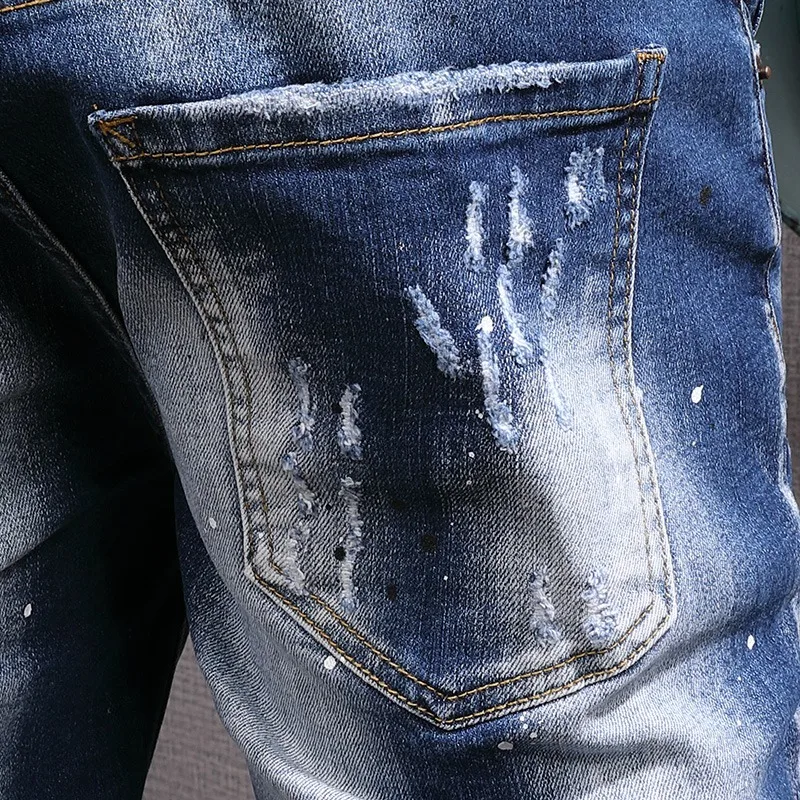 Ripped Denim Shorts Men Fashion Patches Short Jeans Summer Streetwear Casual Dots Printed Blue Stretch Straight Slim Fit Pants