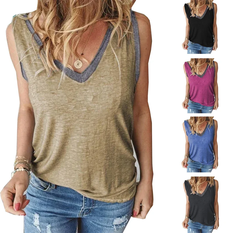 

2022 Spring Summer New Woman Clothes Solid Color V-Neck Wearable Sleeveless Contrast Color Casual T-shirt Vest
