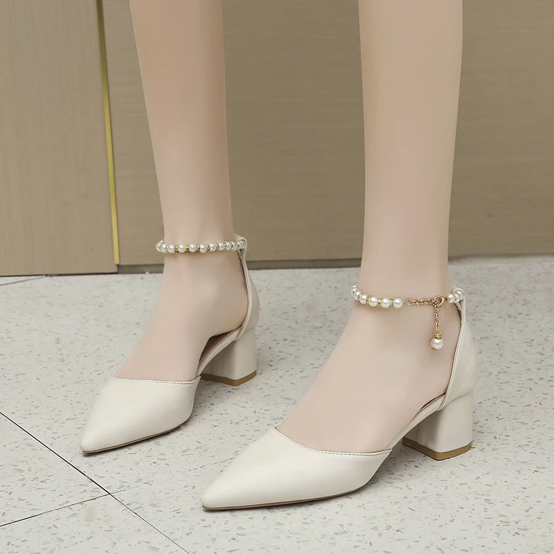 

New Solid Color Beaded One-word Buckle Sandals Women's Pointed Toe Square Heel Summer High-heeled Shoes Women 2023