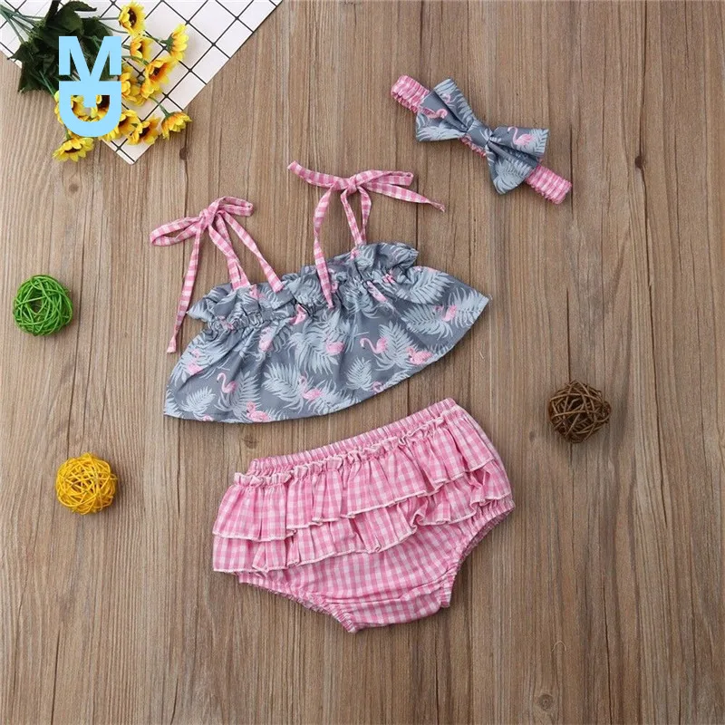 

New 0-24M born Kdis Baby Girl Flamingo Clothes set Boh Beach Summer Crop Top and Ruffles Shorts set Cute Lovely Playa Outfits