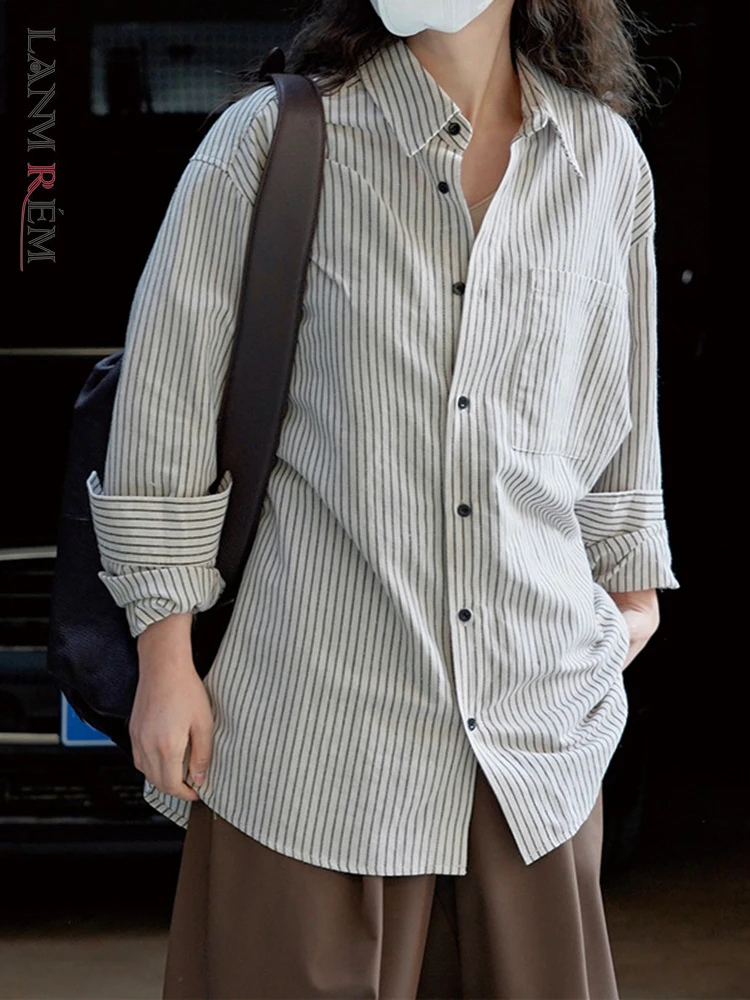 

[LANMREM] Vintage Striped Loose Shirts For Women Simplicity Lapel Long Sleeve Blouses Fashion Female Tops 2023 Autumn New 26D323