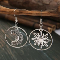 vintage silver color sun moon earrings ethnic geometric circle asymmetric sun moon earrings