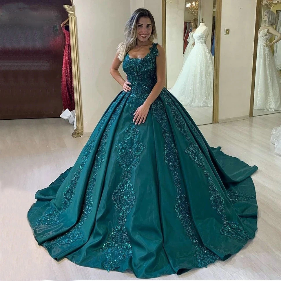 

Green Square Neck Sleeveless Princess Prom Dress Beaded Sequins Evening Dress A-Line Wedding Party Dress Plus Size Custom Vestid