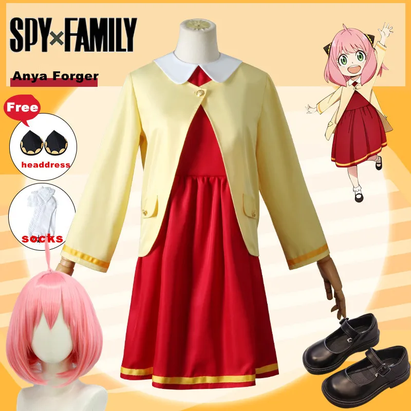 Manga SPY X FAMILY Anya Forger Cosplay COS Outing Clothes Eden College Coat Red Dress Women Carnival Party Suit with Wig Shoes