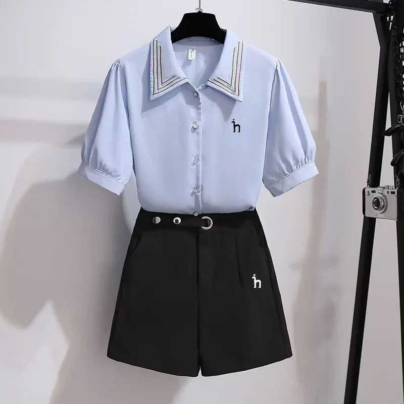 Women's Shirt Set Embroidered Logo Short Sleeve and Short Skirt 2-Piece Set 2023 New Summer Fashion Casual Chiffon Shirt
