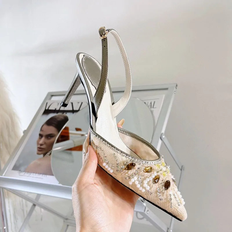 

Sophisticated Women's High Heels Romantic Fantasy Gem Lace Pointed Toe Ladies Slingback Wedding Shoes Fashion Banquet Sandals
