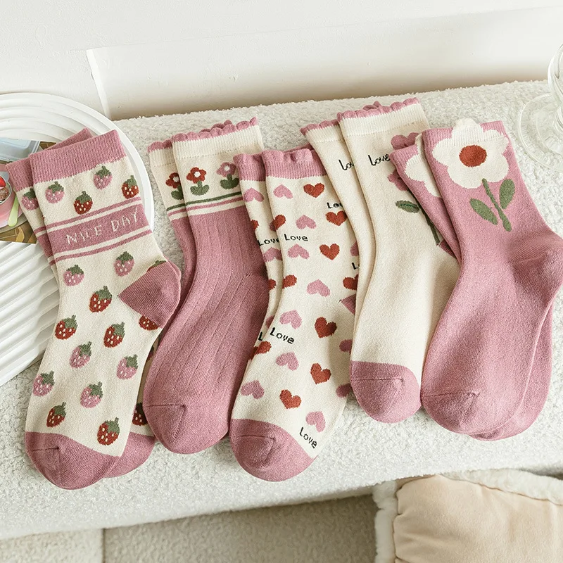 

Winter Thick Warm Pink Socks Floral Print Japanese Fashion Kawaii Cute Socks Women Sweet Girls Wool Cashmere Thermal Long Socks