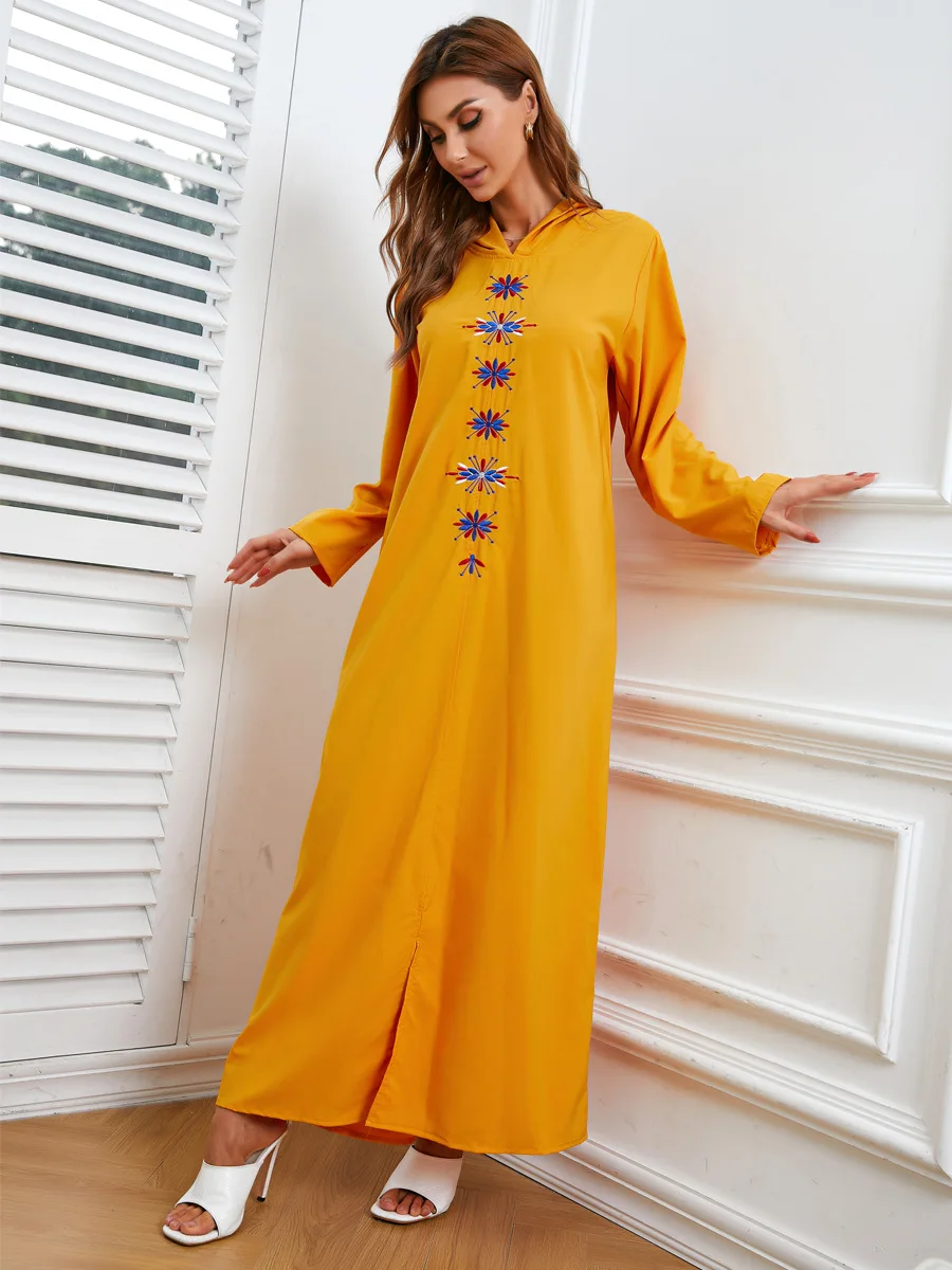 Модное мусульманское платье Рамадан ИД джеллаба Дубай шелковое платье с вышивкой с капюшоном мусульманская абайя WY789