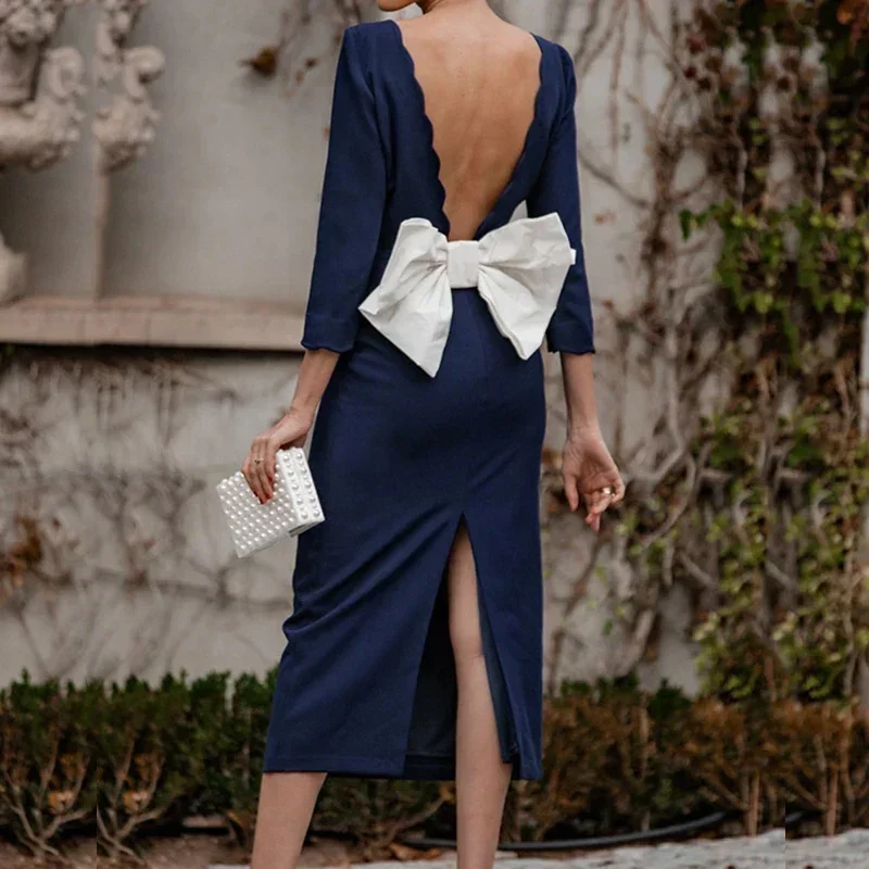 2024 женское платье с открытой спиной и бантом сексуальное боди разрезом
