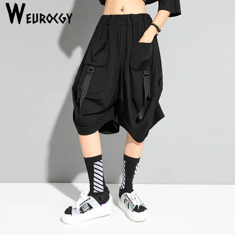 

Summer Fashion Casual y2k Streetwear Knee Length Women's Cargo Bloomers Pants Elastic High Waist Wide Leg Womens Baggy Trousers