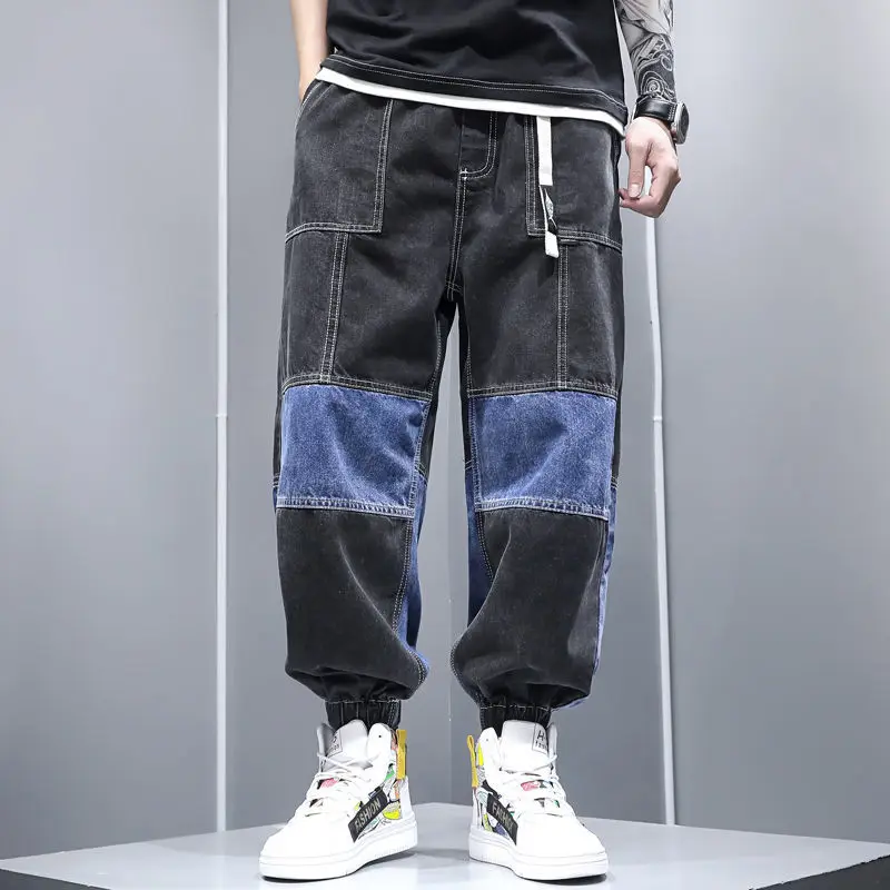 New Stitching Harem Jeans Men's Casual Fat Man Large Size Nine-point Pants Ins Tide Brand Leggings Men's