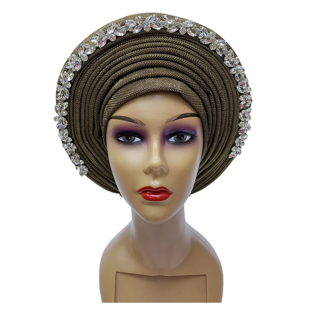 

Brown African Turban Hat Head Wrap With Bling Diamonds Muslim Headscarf Women Hijab Cap Handmade Party Turbante 1 Pcs/pack