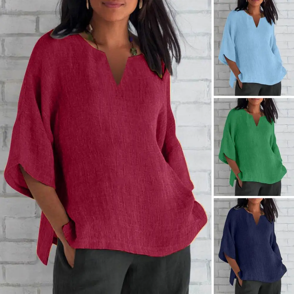 

Elegant Women Blouse Stylish Women's V-neck 3/4 Sleeve Shirt Loose Fit Side Split Casual Blouse for Spring/autumn Streetwear