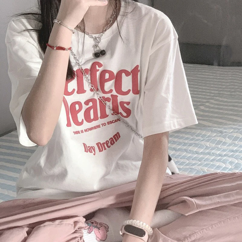 

100% Cotton short-sleeved T-shirt women's loose Korean new letter printing ins women's clothing