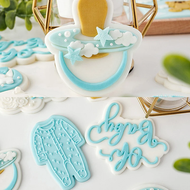 

1PC Cartoon Baby Shower Party Cookie Embosser Stamp Oh Baby Bear Cloud Hot Air Balloon Cookie Cutters and Embossers for Birthday