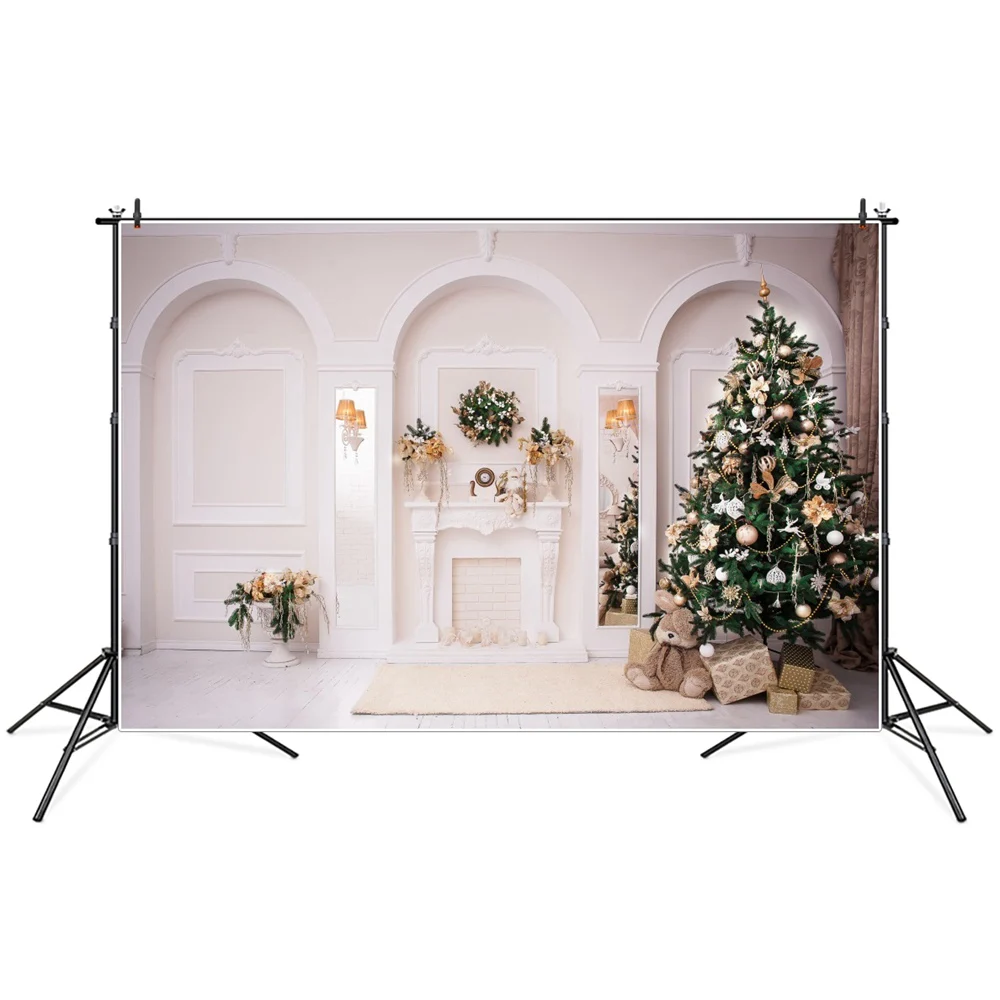 

Фон для фотосъемки с изображением рождественской елки гирлянды камина арки стены интерьера
