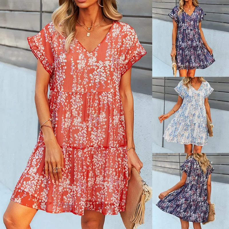 

ASDS-Sexy Print Short Summer Dress Women Casual V Neck Ruffles Beach Mini Chiffon Dress Women Sundress