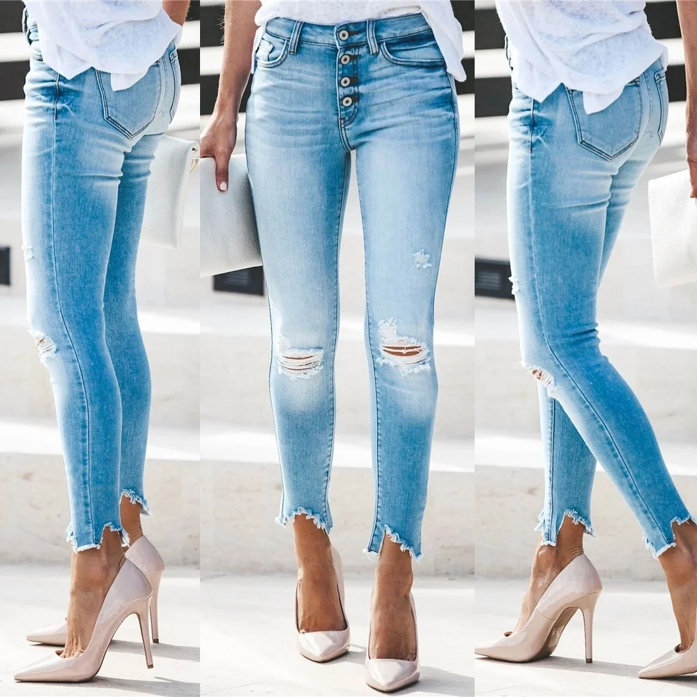 Женские Выбеленные облегающие джинсы Chicme модные однотонные рваные брюки-стрейч