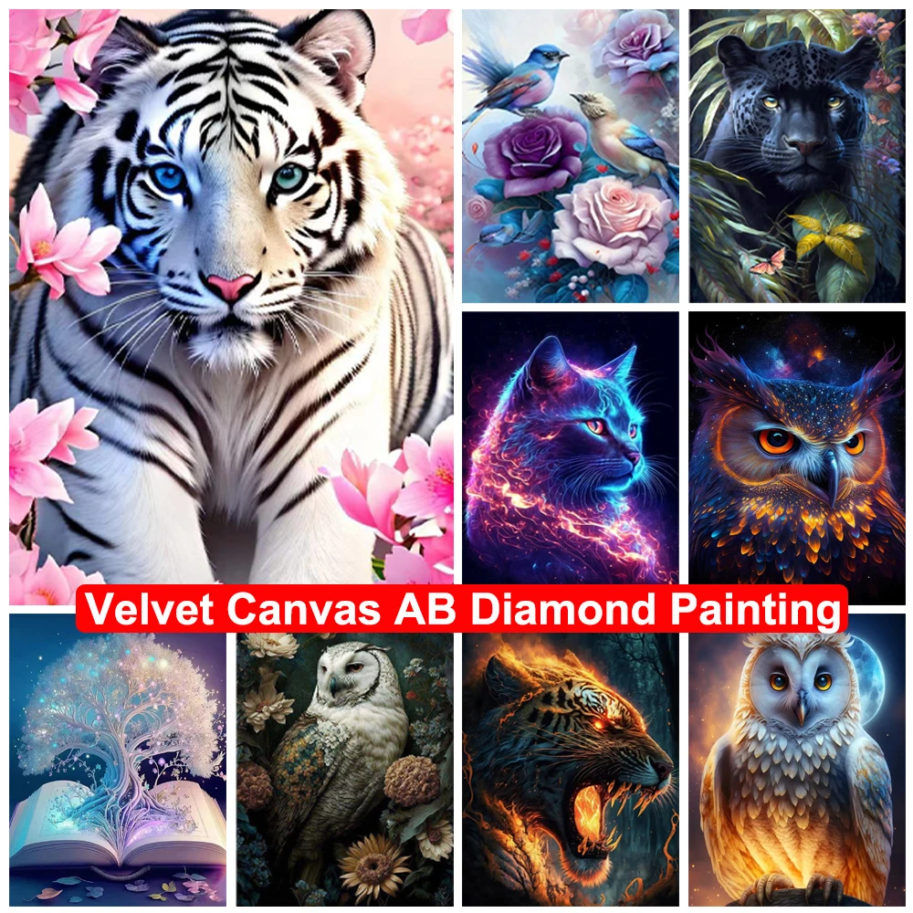 

Velvet Canvas Owl Tiger AB Diamond Painting 5D DIY Diamond Embroidery Animals Mosaic Pictures Cross Stitch Kits Home Decor Gift